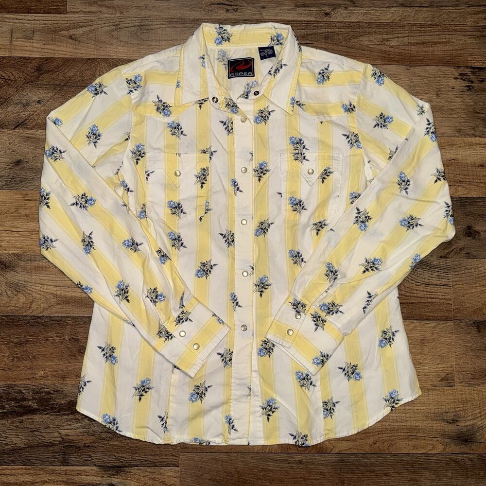 Roper Western Pearl Snap Women’s Button Up Shirt Floral Long Sleeve Large Blue